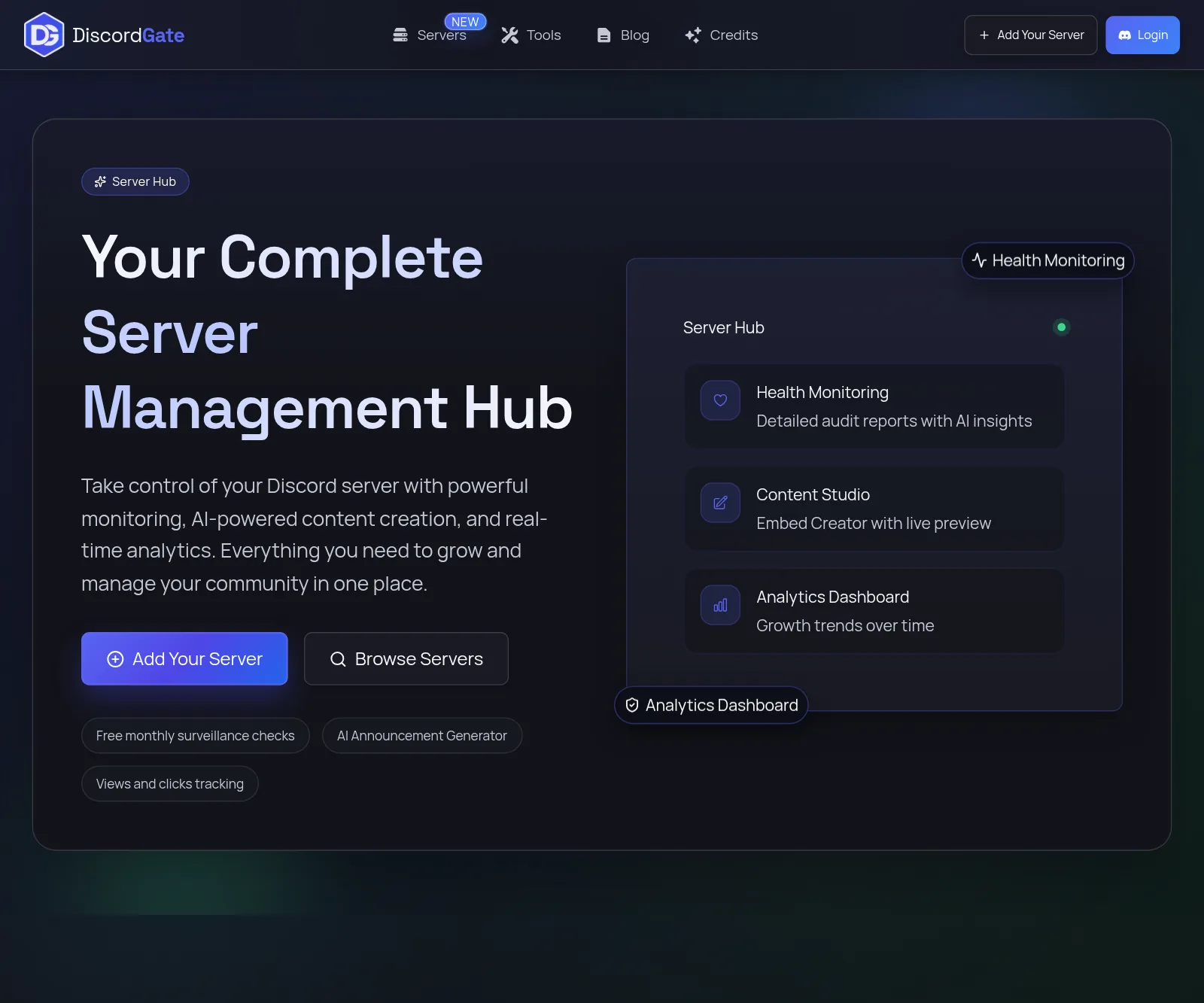DiscordGate Server Hub: health monitoring, content studio and analytics for a Discord server
