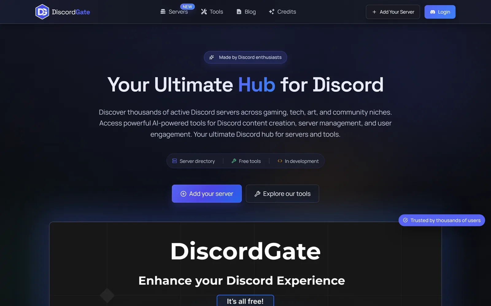 DiscordGate home page: server directory and AI-powered tools for Discord communities
