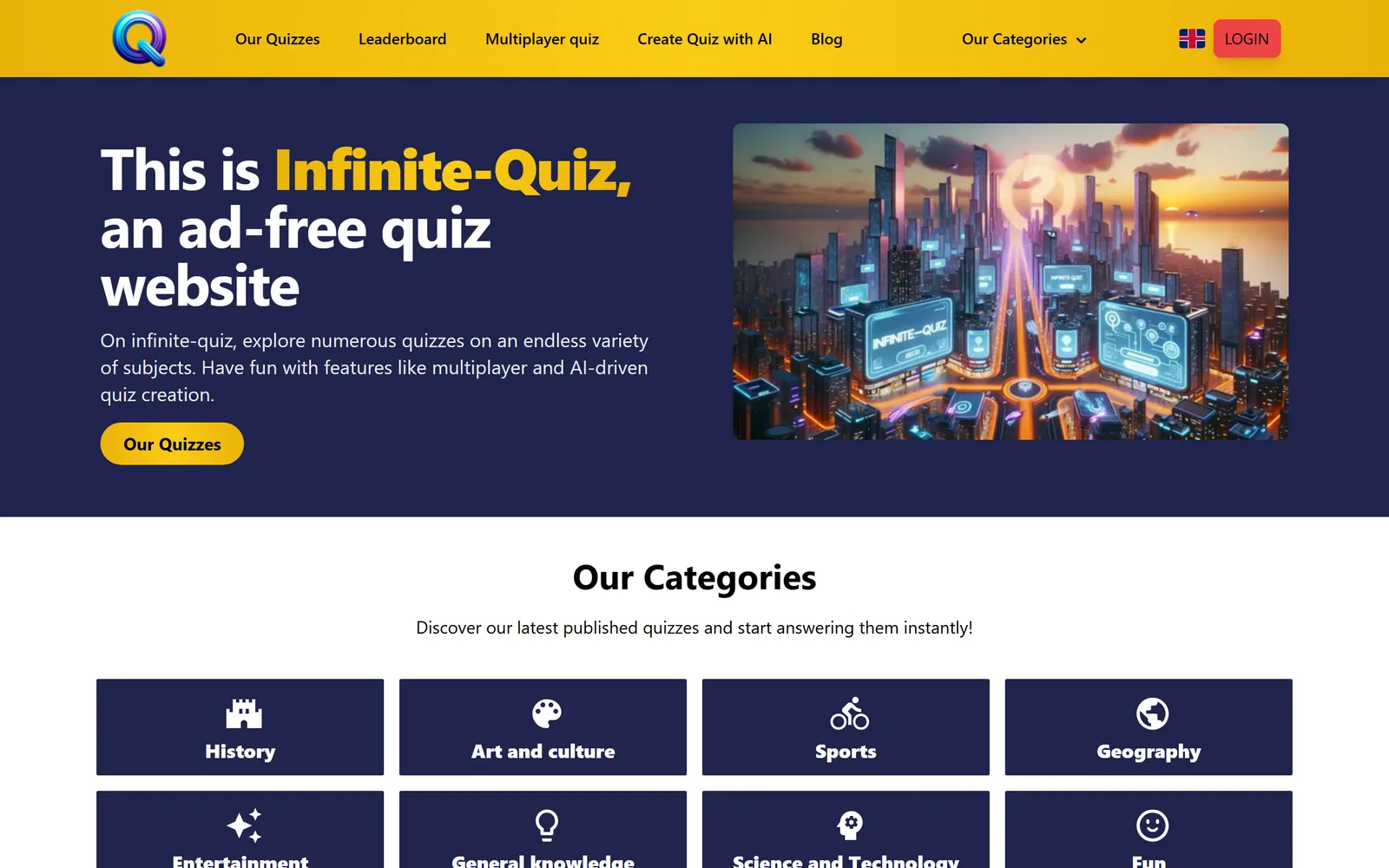Infinite Quiz home page: ad-free quiz platform with multiplayer and AI quiz creation