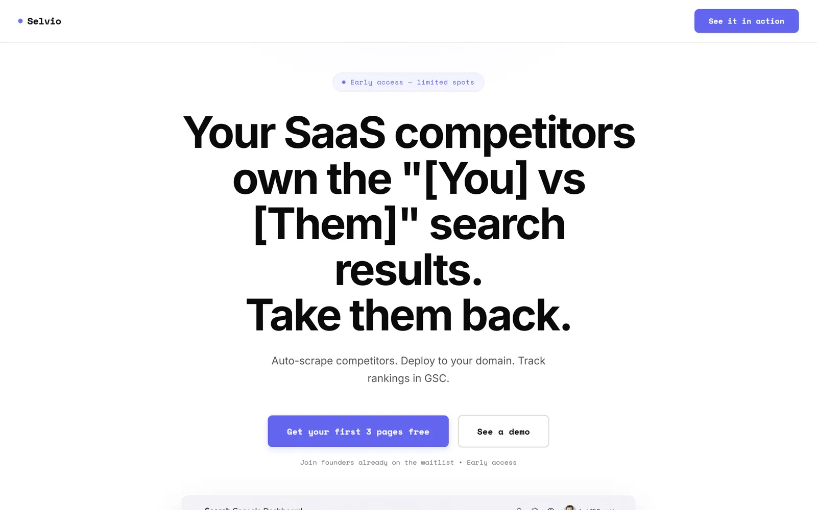 Selvio landing page: automated competitor comparison pages deployed to your own domain